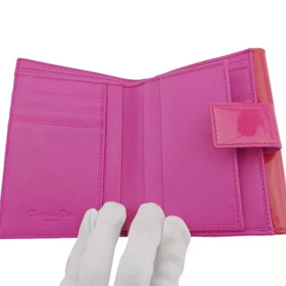 Dior W hook wallet D mark plate pink enamel leather Authentic Used